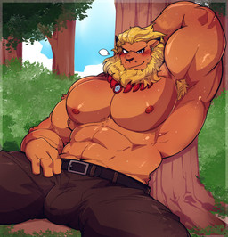 abs against_natural_surface against_surface against_tree anthro armpit_hair barazoku belt belt_buckle big_bulge big_muscles big_pecs black_bottomwear black_clothing black_pants blonde_hair blonde_mane blush body_hair bottomwear buckle bulge clothed clothing detailed_background forest fur hair hand_behind_head huge_pecs jewelry looking_at_viewer lying male mane muscular muscular_anthro muscular_male navel necklace nipples on_back orange_body outside pants pecs piercing plant solo topless topless_anthro topless_male tree seintaur bandai_namco digimon digimon_(species) felid leomon mammal digital_media_(artwork) hi_res