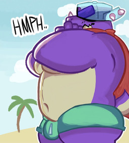 anthro backwards_hat beach belly bottomwear bulge cape clothed clothing crossed_arms dialogue eyebrows hat headgear headwear horn male musclegut muscular muscular_anthro muscular_male overweight overweight_anthro overweight_male shorts side_view simple_background slightly_chubby solo spikes spikes_(anatomy) swimming_trunks swimwear tail text thick_eyebrows topless crococola brawl_stars supercell_(company) pierce_(brawl_stars) dinosaur prehistoric_species reptile scalie