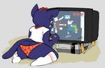 anthro butt butt_cleavage clothed clothing controller crt electronics female footwear fur game_console game_controller game_screen gameplay_mechanics gaming gui health_bar heart_symbol holding_controller holding_game_controller holding_object legwear looking_at_object looking_at_screen looking_at_television nes_console nintendo_console notched_ear panties playing_video_game red_eyes retro_console retro_controller screen shirt socks solo tail television topwear underwear whiskers latchk3y night_in_the_woods nintendo nintendo_entertainment_system mae_borowski domestic_cat felid feline felis mammal 2018