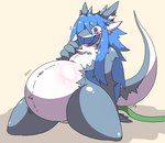 anthro belly belly_expansion belly_inflation big_belly big_hair biped blue_body blue_ears blue_hair blue_horn blue_tail blush blush_lines chest_tuft expansion female hair horn hose hose_in_butt hose_inflation huge_thighs inflation long_hair multicolored_body navel open_mouth purple_eyes solo tail thick_thighs tuft two_tone_body two_tone_tail white_body white_ears wobble hage mythology dragon mythological_creature mythological_scalie scalie 2020 hi_res