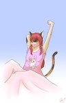 anthro bed bed_sheet bedding blanket breasts clothed clothing eyes_closed female fur furniture hair on_bed open_mouth oversized_clothing oversized_shirt oversized_topwear red_hair shirt simple_background slim solo stretching teary_eyes topwear waking_up yawn codyf0xx animal_humanoid calico_cat cat_humanoid domestic_cat felid felid_humanoid feline feline_humanoid felis humanoid lagomorph leporid mammal mammal_humanoid rabbit absurd_res digital_media_(artwork) hi_res