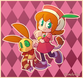:< blush border claws clothed clothing dress duo feathers female feral footwear frown fully_clothed green_eyes hair happy hat headgear headwear kerchief long_arms looking_at_viewer male orange_border orange_ears orange_hair pose shoes smile standing text unusual_eyes yellow_body sewbro smellestine bandai_namco klonoa_(series) lolo_(klonoa) popka animal_humanoid canid canine canis domestic_dog haplorhine humanoid mammal mammal_humanoid monkey monkey_humanoid primate primate_humanoid absurd_res artist_name digital_drawing_(artwork) digital_media_(artwork) hi_res