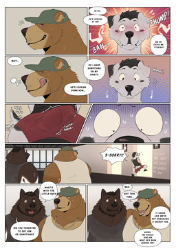 anthro anthro_on_anthro aroused athletic_wear baseball_cap beard black_hair blush blushing_profusely bodily_fluids clothed clothing dialogue embarrassed erection erection_under_clothing facial_hair fully_clothed group gym hair hat headgear headwear heartbeat inner_monologue jewelry licking licking_lips male male/male musclegut muscular necklace onomatopoeia overweight overweight_male smile sound_effects speech_bubble sweat tail tail_motion tailwag tenting text thinking tongue tongue_out trio roseonapot chucho_(chuchowriggle) rocky_(rockyburr) vike_(vikebruh) bear canid canine canis dalmatian domestic_dog mammal 2025 comic english_text hi_res