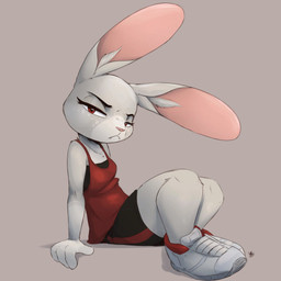 4_fingers anthro black_bottomwear black_clothing black_shorts bottomwear breasts clothed clothing eyelashes fangs female fingers footwear frown frowning_at_viewer fully_clothed fur grey_background grey_body grey_fur light looking_at_viewer narrowed_eyes red_clothing red_eyes red_shirt red_tank_top red_topwear shirt shoes shorts simple_background sitting solo tank_top teeth topwear white_body white_clothing white_footwear white_fur white_shoes louart lagomorph leporid mammal rabbit vampire 1:1 2021 2023 dated digital_media_(artwork) hi_res lighting shaded signature