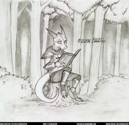 anthro armor book forest forest_background horn lore male plant solo tail text tree studioblackfox dungeons_and_dragons hasbro wizards_of_the_coast isk_(studioblackfox) kobold scalie hi_res monochrome painting_(artwork) sketch traditional_media_(artwork) traditional_painting_(artwork) url