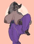 anthro anthrofied areola armpit_hair big_breasts big_penis black_body black_eyes black_fur black_hair bodily_fluids body_hair bottomwear breasts bulge cheek_tuft claws clothed clothed_anthro clothed_gynomorph clothed_intersex clothing detailed_bulge facial_tuft finger_claws fur genital_fluids genital_outline genitals grey_areola grey_nipples grin gynomorph hair huge_breasts inner_ear_fluff intersex looking_at_viewer neck_tuft nipple_piercing nipples pants partially_clothed penis penis_outline piercing precum precum_through_clothing raised_leg sagging_breasts simple_background smile solo teeth tight_bottomwear tight_clothing toe_claws topless tuft wet wet_clothing yellow_sclera yoga_pants bigcozyorca disney the_lion_king shenzi_(the_lion_king) hyena mammal spotted_hyena 2023 absurd_res digital_media_(artwork) hi_res portrait three-quarter_portrait