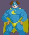 abs anthro big_muscles big_pecs black_nose brown_body brown_fur bulge cape clothing costume crescent_moon frown fur glare hands_on_hips legwear male moon muscular muscular_anthro muscular_arms muscular_male muscular_thighs pecs serious simple_background skin_tight_suit solo superhero thick_neck thick_thighs tight_clothing tights geng lycandog_(geng) canid canine canis domestic_dog mammal 2017 colored hi_res shaded