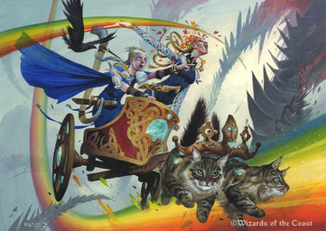 ambiguous_gender black_body black_feathers blue_cape blue_clothing breasts brown_body brown_fur cape chariot_(vehicle) clothing feathers female feral flying fur gesture group hand_gesture outside pointing rainbow smile tattoo whiskers wayne_reynolds hasbro magic:_the_gathering wizards_of_the_coast avian bird corvid domestic_cat felid feline felis human mammal oscine passerine 2022 official_art traditional_media_(artwork)