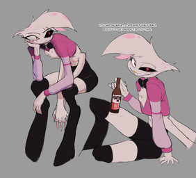 4_arms 5_fingers absolute_territory alcohol anthro arm_support beer beer_bottle beverage black_boots black_bottomwear black_clothing black_eyebrows black_footwear black_legwear black_sclera black_shorts black_text black_thigh_highs boots bottle bottomwear clasped_hands cleavage_cutout clothed clothed_anthro clothed_male clothing container crop_top cutout dialogue eyebrows femboy fingers footwear fully_clothed fully_clothed_anthro fully_clothed_male fur gold_(metal) gold_tooth grey_background hand_on_own_cheek heterochromatic_scleras holding_bottle holding_container holding_object humanoid_hands interlocked_fingers leaning leaning_forward legwear long_sleeves looking_aside looking_at_viewer male male_anthro midriff mouth_closed multi_arm multi_limb multicolored_body multicolored_fur navel pink_body pink_clothing pink_fur pink_shirt pink_topwear red_eyes sharp_teeth shirt shoes shorts simple_background sitting smile solo talking_to_viewer teeth text thigh_boots thigh_highs topwear two_tone_body two_tone_fur white_body white_fur matchattea hazbin_hotel hellaverse angel_dust arachnid arthropod spider 2025 english_text