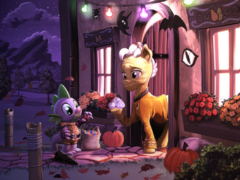 building clothing costume duo feral food fruit house male night plant pumpkin star harwick friendship_is_magic hasbro my_little_pony mythology star_trek grand_pear_(mlp) spike_(mlp) dragon earth_pony equid equine horse mammal mythological_creature mythological_scalie pony scalie 4:3 hi_res
