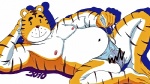 anthro clothing male muscular muscular_anthro muscular_male nipples overweight overweight_anthro overweight_male pose simple_background slightly_chubby solo stripes underwear white_background unknown_artist shima_shima_tora_no_shimajirou shimataro felid mammal pantherine tiger low_res