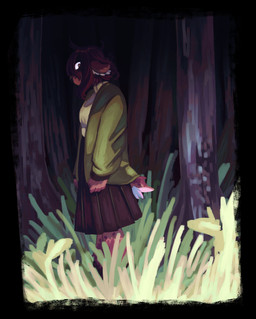 anthro antler_removal antlers bottomwear brown_body brown_fur brown_hair clothing fan_designs female forest fur grass green_clothing green_shirt green_topwear hair horn horn_removal outside plant shirt skirt solo topwear tree huecycles deer mammal 2025 hi_res