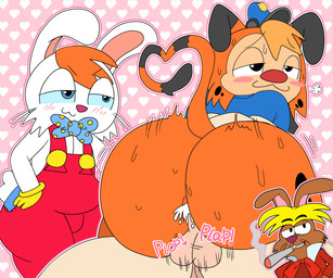 anal anal_penetration anthro anus backsack balls big_butt blonde_hair blush blush_stickers bodily_fluids bow_tie brown_body brown_fur butt cigarette clothed clothing cum cum_inside erection fur genital_fluids genitals group hair hat headgear headwear humanoid_genitalia humanoid_penis male male/male male_penetrated male_penetrating male_penetrating_male mouth_closed onomatopoeia orange_body orange_fur orange_hair penetration penile penile_penetration penis police police_officer sex simple_background smile smoking smoking_cigarette sound_effects suspenders tail text thick_thighs trio white_body white_fur svenniehoek alice_in_wonderland bonkers_(series) disney who_framed_roger_rabbit bonkers_d._bobcat march_hare_(disney) roger_rabbit bobcat felid feline lagomorph leporid lynx mammal rabbit 6:5 absurd_res digital_media_(artwork) hi_res