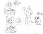 anthro female fur male simple_background text frava8 disney zootopia judy_hopps nick_wilde stu_hopps canid canine fox lagomorph leporid mammal rabbit red_fox true_fox comic english_text graphite_(artwork) monochrome sketch traditional_media_(artwork)