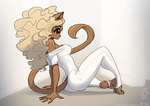 2022 anthro blonde_hair brown_body brown_eyes brown_fur clothed clothing conditional_dnp domestic_cat felid feline felis female fully_clothed fur hair jollyjack mammal off_shoulder simple_background sitting solo stirrups toeless_legwear white_background