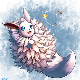 ambiguous_gender blue_eyes fluffy fluffy_tail fur grey_body grey_fur happy leaf lying on_back open_mouth paws poof solo tail conditional_dnp ratte nintendo pokemon eevee generation_1_pokemon pokemon_(species) shiny_pokemon 1:1 2025 signature