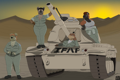 anthro armored_vehicle big_breasts binoculars breasts cannon cigarette clothing desert female group head_on_hand machine military military_uniform ranged_weapon smoking tank_(vehicle) tracked_vehicle turret uniform vehicle weapon komododad m60_(tank) addi_byrne fiona_bennett kasa_matovu misako_oshiro canid canine canis domestic_dog gulonine hyena lizard mammal mustelid musteline reptile scalie skink spotted_hyena wolverine 2020 3:2 hi_res