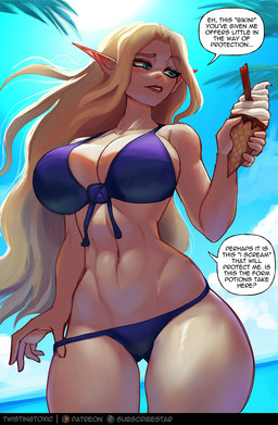 big_breasts bikini biped blonde_hair blue_bikini blue_clothing blue_eyes blue_swimwear breasts clothed clothing dessert dialogue eyelashes female food hair humanoid_pointy_ears ice_cream long_hair not_furry outside pointy_ears pupils solo speech_bubble swimwear text thick_thighs two-piece_swimsuit wide_hips twistingtoxic elf humanoid hi_res