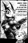 anthro army breasts clothing duo fantasy female front_view futuristic gun holding_object holding_weapon humor military poster poster_template propaganda ranged_weapon recruitment_poster space spandex text tight_clothing weapon drake_fenwick antelope bovid felid gazelle lion mammal pantherine english_text monochrome