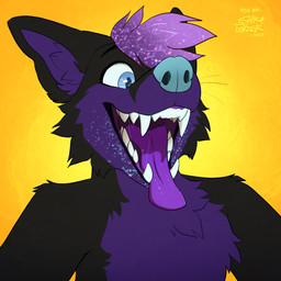 anthro black_body black_fur blue_eyes blue_nose bodily_fluids chest_tuft cosmic_hair drooling eating ethereal_hair eyebrows fangs fur happy male mouth_shot multicolored_body open_mouth purple_body purple_fur purple_mouth saliva simple_background solo sparkles teeth tongue tongue_out tuft two_tone_body shira_tekzer kitsunaki canid canine fox mammal 1:1 2026 absurd_res headshot_portrait hi_res portrait shaded