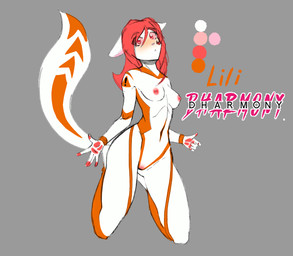 anthro brush erect_nipples female fur machine markings nipples nude orange_eyes orange_markings solo tail white_body white_fur dharmony electri_kitty android domestic_cat felid feline felis mammal robot absurd_res hi_res