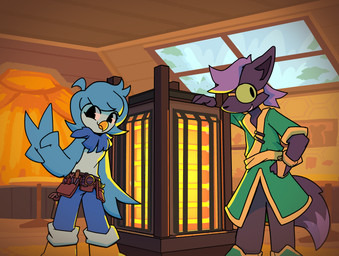anthro asian_clothing beak blue_body blue_feathers blue_hair ceiling clothed clothing detailed_background duo east_asian_clothing eyewear feathers female fur furniture glasses goggles green_eyewear green_goggles hair hand_on_furniture hand_on_hip inside japanese_clothing male plant purple_hair round_table smile space_heater standing table tail tool_belt tree window wings yellow_beak vulkiri undertale undertale_(series) undertale_yellow chujin_ketsukane martlet_(undertale_yellow) avian bird canid canine fox mammal 2025 absurd_res digital_media_(artwork) hi_res