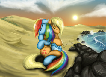 beach blonde_hair blue_body blue_feathers blue_fur cloud cutie_mark desert detailed_background duo eyes_closed feathered_wings feathers female female/female feral fur hair hill hug multicolored_hair multicolored_tail orange_body orange_fur outside rainbow_hair rainbow_tail rock sand sea seaside sky sun tail water wave wings leyanor friendship_is_magic hasbro my_little_pony mythology applejack_(mlp) rainbow_dash_(mlp) earth_pony equid equine horse mammal mythological_creature mythological_equine pegasus pony 2012