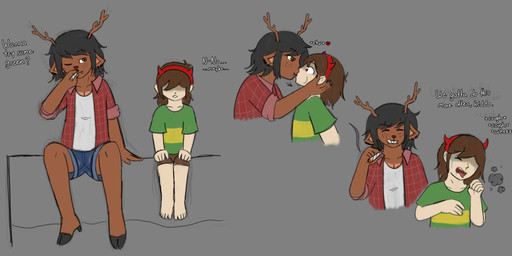 adolescent age_difference anthro antlers barefoot bodily_fluids bottomwear brown_body brown_eyes brown_fur brown_hair cigarette clothing cough dark_hair denim denim_bottomwear denim_clothing denim_shorts drugs duo facial_piercing fake_horns feet female flannel fur hair hooves horn hotpants kiss_on_lips kissing larger_anthro larger_female lip_piercing male male/female marijuana marijuana_blunt nose_piercing pale_skin piercing pivoted_ears red_eyes red_nose shirt shorts sitting size_difference smaller_male smoke smoking tears text topwear young young_anthro young_female young_human young_male haruanonalex deltarune undertale_(series) dess_holiday kris_dreemurr cervine deer human mammal new_world_deer reindeer 2025 absurd_res english_text hi_res
