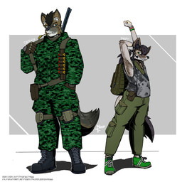 backpack bandolier camo_pattern darwin_fox duo electronics female femboy gun headphones headpiece knee_pads microphone muscular muscular_female pouch_(clothing) ranged_weapon shell shotgun stretching text weapon masterzoroark666 canid canine fox mammal swift_fox true_fox hi_res url