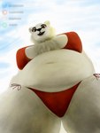 anthro belly bikini breasts camel_toe clothing female fur low-angle_view mature_female navel red_eyes slightly_chubby slightly_chubby_female smile solo swimwear two-piece_swimsuit white_body white_fur worm's-eye_view andy_234 bear mammal polar_bear ursine 3:4