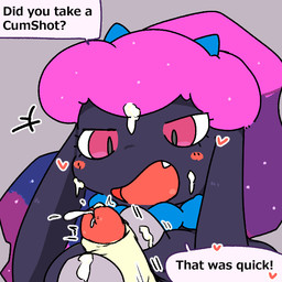 black_body dialogue disembodied_penis duo ejaculation female feral floppy_ears genitals grey_background hair handjob heart_symbol humanoid_genitalia humanoid_penis looking_at_genitalia looking_at_penis male male/female motion_lines open_mouth penile penis purple_hair sex simple_background text ardest palworld pocketpair daedream pal_(species) 1:1 2026 english_text