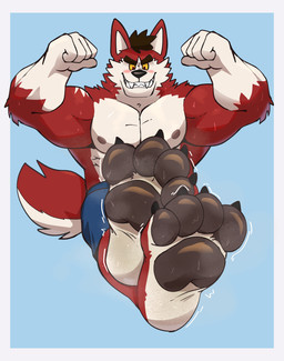 anthro bodily_fluids feet foot_fetish foot_focus male muscular pawpads paws solo steam sweat teasing anonymous_artist mr.wolf_perez canid canine canis mammal wolf hi_res