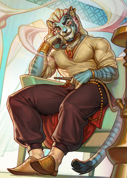 anthro blue_body blue_eyes blue_stripes bottomwear brown_bottomwear brown_clothing brown_pants clothed clothing dreadlocks front_view looking_at_viewer male male_anthro markings muscular muscular_anthro muscular_male narrowed_eyes open_mouth open_smile pants pecs_outline sitting smile solo striped_arms striped_markings striped_tail stripes tail tail_markings tan_clothing tan_topwear topwear edvardiko felid mammal pantherine tiger absurd_res hi_res