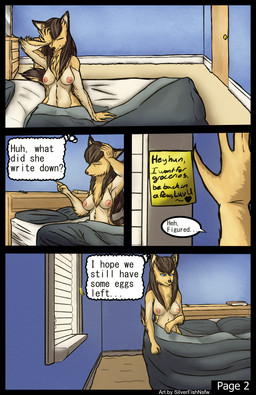 anthro bed blue_eyes book breasts brown_hair door female furniture hair heart_after_text heart_symbol inner_monologue message note page_number pillow polygonal_thought_bubble solo text text_with_heart thinking thought_bubble window silverfishnsfw_(artist) canid canine canis domestic_dog mammal absurd_res comic english_text hi_res