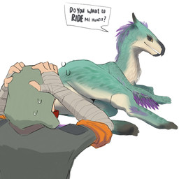 ambiguous_feral ambiguous_gender bandage beak bedroom_eyes bodily_fluids clothed clothing convenient_censorship dialogue double_entendre duo feathers feet feral green_body holding_head hoodie horn jacket light_body light_scales light_skin looking_at_another lying lying_on_ground multicolored_body narrowed_eyes on_ground on_side purple_body purple_feathers scales seductive simple_background standing sweat sweatdrop tail tail_feathers talking_to_another topwear white_background yellow_sclera fukoiri capcom monster_hunter bird_wyvern human mammal scalie seikret 1:1 2024 hi_res