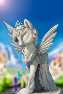 canterlot clothing cloud crown dress feathered_wings feathers female fur hair headgear horn jewelry lens_flare multicolored_hair necklace outside sculpture sky smile solo spread_wings statue sun wings lulemt friendship_is_magic hasbro my_little_pony mythology twilight_sparkle_(mlp) equid equine mammal mythological_creature mythological_equine winged_unicorn 2015 2:3 absurd_res hi_res