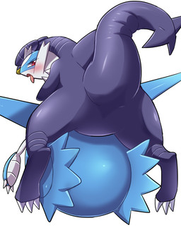 ambiguous_gender blush duo featureless_crotch looking_at_viewer looking_back null open_mouth rear_view red_eyes simple_background spread_legs spreading suggestive tail tapering_tail thick_tail tongue tongue_out white_background ecru_(artist) nintendo pokemon garchomp generation_3_pokemon generation_4_pokemon latios legendary_pokemon pokemon_(species)