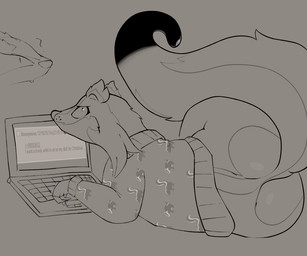 ambiguous_gender anthro big_butt bottomless bottomless_ambiguous bottomless_anthro butt claws clothed clothing computer duo electronics fur laptop looking_at_viewer looking_back looking_back_at_viewer lying on_side profanity sweater sweater_only tail text topwear topwear_only whisker_spots pinnipip 4chan nintendo pokemon pinnip_(pinnipip) badger generation_3_pokemon hybrid linoone mammal mephitid mustelid musteline pokemon_(species) skunk 6:5 english_text monochrome