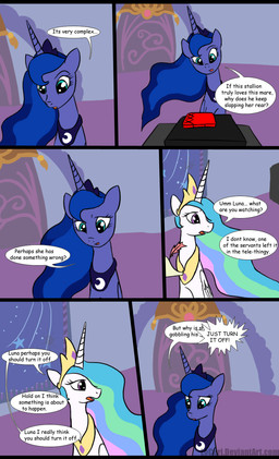 black_bars blue_body blue_feathers blue_hair castle crown duo electronics feathered_wings feathers female feral hair headgear horn humor long_hair loose_feather multicolored_hair naive pornography quill scroll television text tiara white_body white_feathers wings loceri friendship_is_magic hasbro my_little_pony mythology princess_celestia_(mlp) princess_luna_(mlp) equid equine mammal mythological_creature mythological_equine winged_unicorn comic english_text hi_res letterbox sibling_(lore) sister_(lore) sisters_(lore)