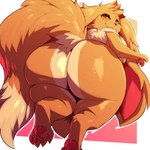 anthro big_butt black_nose butt female fluffy fluffy_tail fur heart_eyes heart_symbol huge_butt huge_ears looking_at_viewer looking_back neck_tuft orange_body orange_fur pawpads paws simple_background smile solo tail tuft white_body white_fur trinity-fate62 nintendo pokemon kazzypoof_(character) eevee generation_1_pokemon pokemon_(species) 1:1 hi_res