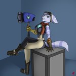 anthro ear_piercing ear_ring female hammer looking_at_viewer maul mechanical_arm piercing ring_piercing sitting solo tools weapon harkrun ratchet_and_clank sony_corporation sony_interactive_entertainment rivet_(ratchet_and_clank) lombax mammal 1:1 hi_res