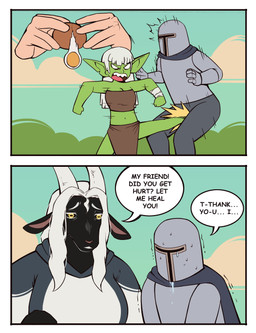 2_horns ambiguous_form ambiguous_gender anthro armor attack ballbusting black_body black_sclera blue_cape blue_clothing blue_topwear bottomwear brown_bottomwear brown_clothing brown_topwear cape clothed clothed_anthro clothed_female clothed_human clothed_male clothing cloud cock_and_ball_torture crotch_attack crotch_kick day dialogue disembodied_hand egg eyebrows female front_view genital_torture green_body grey_hair group hair head_horn headgear helmet holding_egg holding_object horizontal_pupils horn humanoid_pointy_ears kick looking_at_another male motion_lines obscured_face open_mouth outside pointy_ears pupils red_tongue simple_eyes sky small_comic speech_bubble talking_to_another teeth text thin_eyebrows tongue tongue_showing topwear tremble_lines white_eyebrows white_hair white_horn white_sclera white_wraps worried wraps wrist_wraps yellow_eyes yolk bonnymama7 goat_cleric bovid caprine goat goblin human mammal 2025 absurd_res comic digital_drawing_(artwork) digital_media_(artwork) english_text first_page flat_colors half-length_portrait hi_res portrait three-quarter_portrait