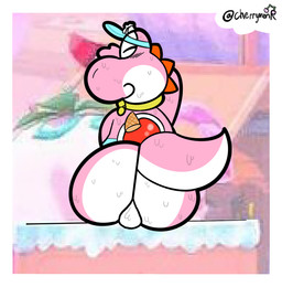 balls bodily_fluids cold dessert food genitals ice_cream male non-mammal_balls solo sweat sweat_on_ass cherrym0nr mario_bros mario_kart mario_kart_world nintendo yoshi_(soft_server) pink_yoshi yoshi hi_res