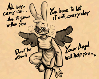 3_toes 5_fingers anthro aroused barefoot big_breasts black_text blush breasts breath buckteeth cardboard cheek_tuft clothed clothed_anthro clothed_female clothing dialogue dress eyebrows eyelashes facial_tuft fake_wings feet female female_anthro fingers freckled_face freckles half-closed_eyes head_tuft heart_symbol humanoid_hands long_sleeves looking_at_viewer narrowed_eyes on_one_leg open_mouth panties solo standing talking_to_viewer teeth text toes tongue tuft underwear undressing soulcentinel angel_hare the_east_patch angel_gabby hare lagomorph leporid mammal 2026 english_text handwritten_text monochrome sepia