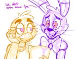 animatronic anthro avian bird bonnie_(fnaf) chica_(fnaf) chicken duo english_text female five_nights_at_freddy's galliform gallus_(genus) lagomorph leporid machine male mammal phasianid rabbit robot scottgames simple_background text toy-bonnie white_background