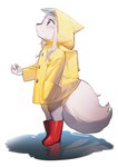 anthro boots clothed clothing coat female footwear raincoat red_eyes shoes simple_background solo topwear yellow_raincoat young young_anthro young_female wxyjs1997 onmyoji hakuro_(onmyoji) canid canine canis mammal wolf absurd_res hi_res