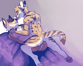 4_missing_limbs amputee anthro biped butt disability duo fur lying male male/male nipple_piercing nipples nose_lick on_back orange_body orange_fur piercing quadruple_amputee spots white_body white_fur anesthetics canid canine felid feline fox mammal serval 5:4 hi_res trans_(lore) trans_man_(lore)