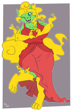 anthro big_breasts biped black_nose blonde_hair breasts cheek_tuft clothed clothing digitigrade dress facial_tuft female front_view fur gesture gloves_(marking) green_body green_fur hair heart_gesture huge_breasts leg_markings looking_at_viewer markings on_one_leg one_eye_closed open_mouth open_smile red_clothing red_dress simple_background smile smiling_at_viewer socks_(marking) solo standing tuft wide_hips wink winking_at_viewer yellow_markings fuf canid canine fox mammal 2019 2:3 hi_res
