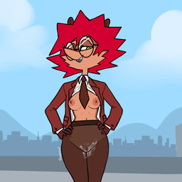 anthro bodily_fluids braces clothing cum cum_in_clothing eyewear female flashing flashing_breasts genital_fluids glasses hair legwear necktie pantyhose red_hair solo spiky_hair suit_jacket hexecat ollie_(lfswail) eulipotyphlan hedgehog mammal 1:1 absurd_res hi_res