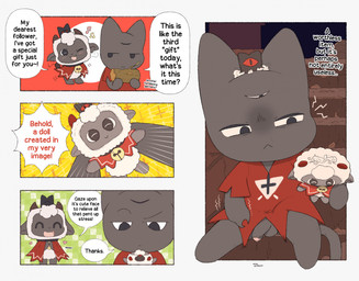 ambiguous_gender anthro bodily_fluids box character_plushie container cum cum_drip cum_dripping_from_penis cum_on_plushie dialogue dripping duo genital_fluids gift gift_box male plushie plushophilia text superconductor cult_of_the_lamb massive_monster_(studio) lamb_(cult_of_the_lamb) narinder bovid caprine domestic_cat felid feline felis humanoid mammal sheep comic english_text hi_res